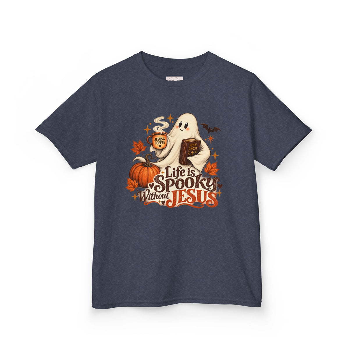 Kids Halloween Tee — “Life Is Spooky Without Jesus” Ghost Pumpkin Christian Shirt