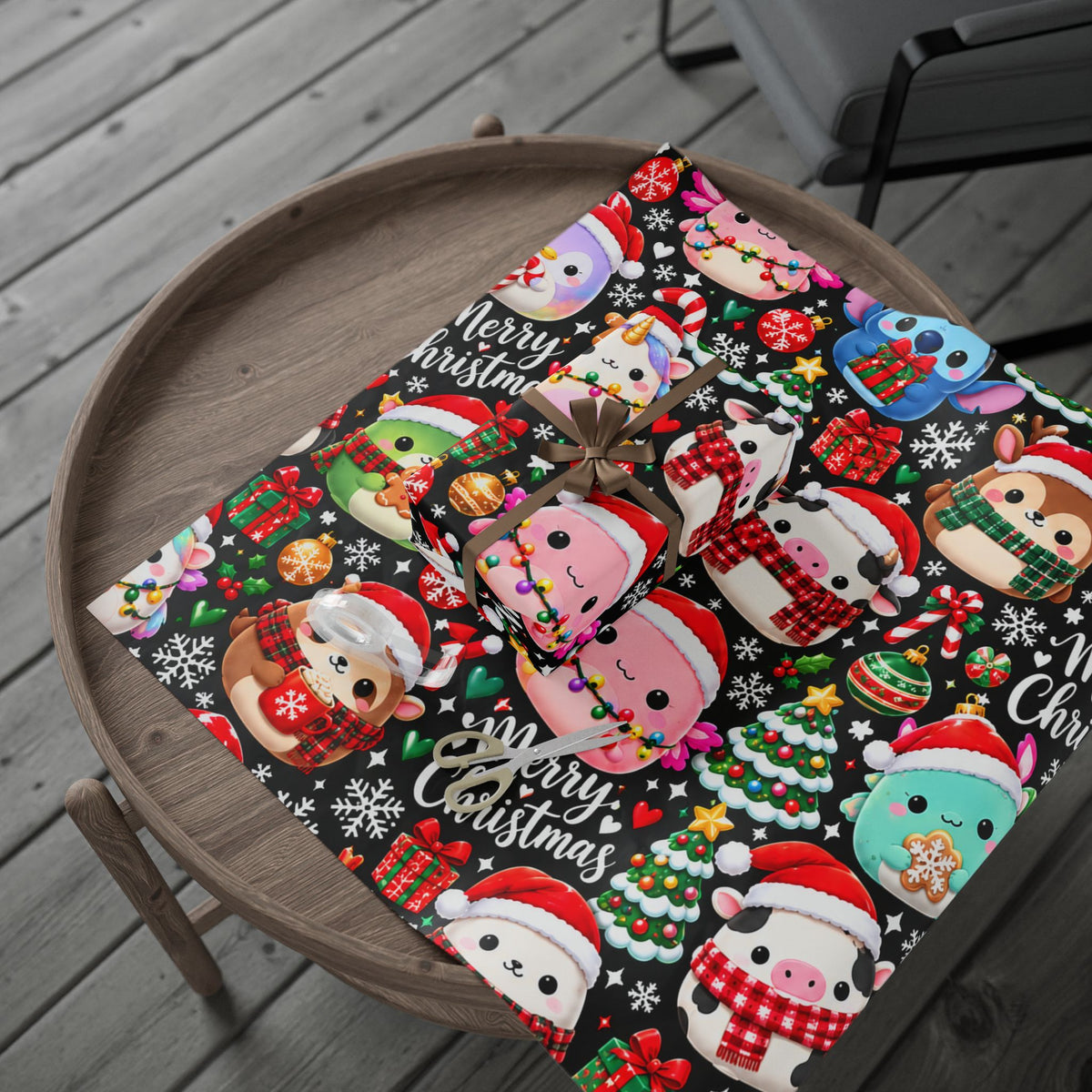 Cute Kawaii Christmas Wrapping Paper – 'Merry Christmas' Holiday Gift Wrap with Festive Animals and Snowflakes