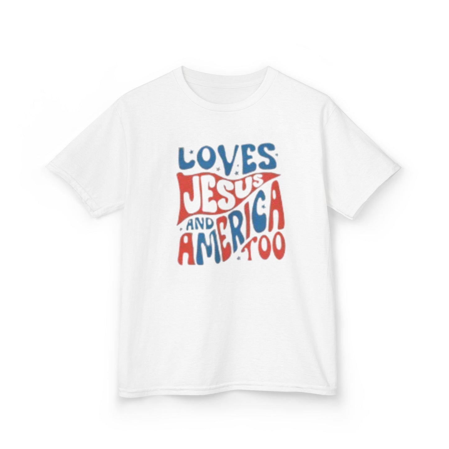 Kids Tee — "Loves Jesus and America Too" Patriotic Christian Youth Shirt