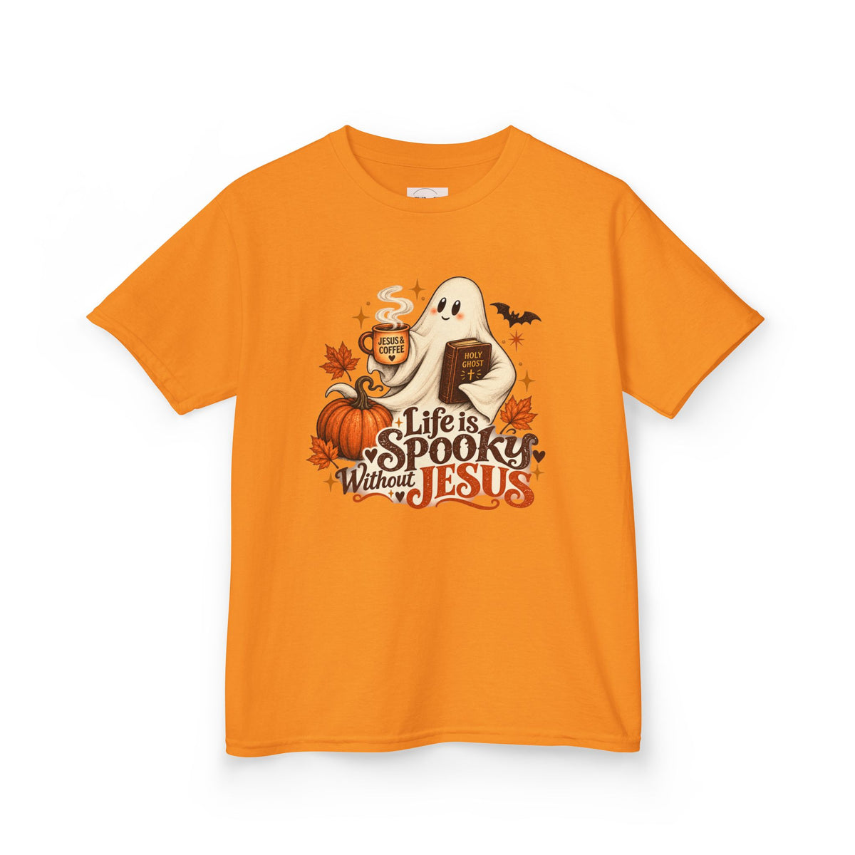 Kids Halloween Tee — “Life Is Spooky Without Jesus” Ghost Pumpkin Christian Shirt