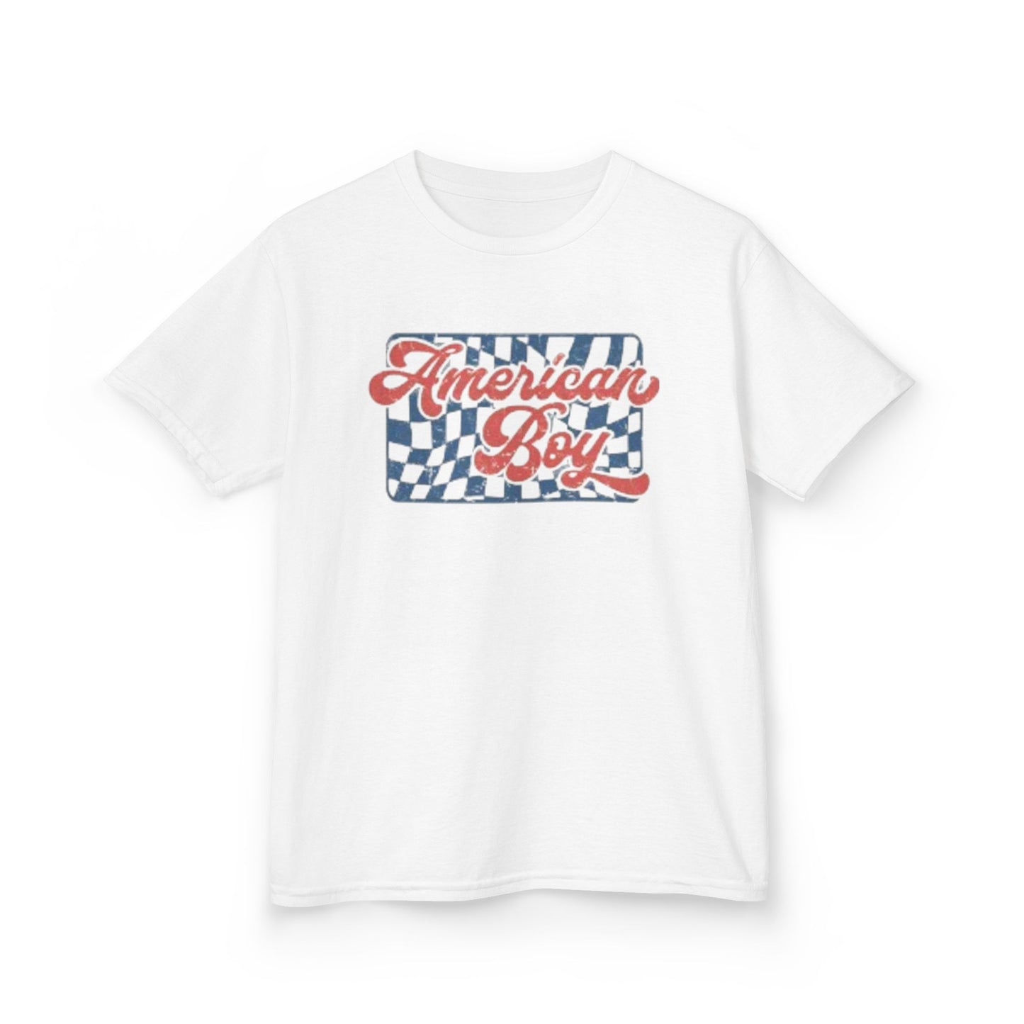 Kids T-Shirt - "American Boy" Retro Checkered Patriotic Tee for Boys (4th of July)