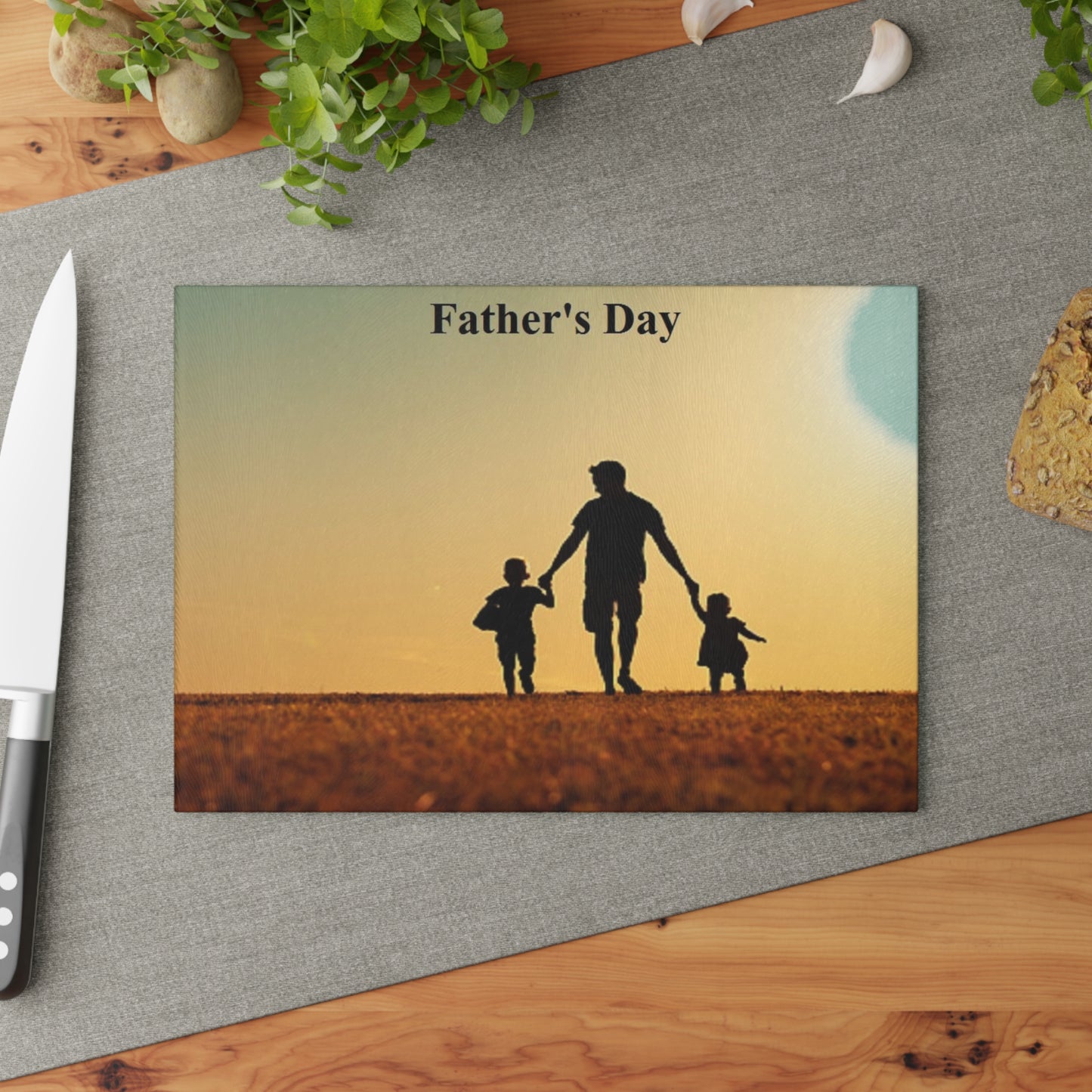 Father's Day Glass Cutting Board – Silhouette Dad with Kids Sunset Kitchen Decor