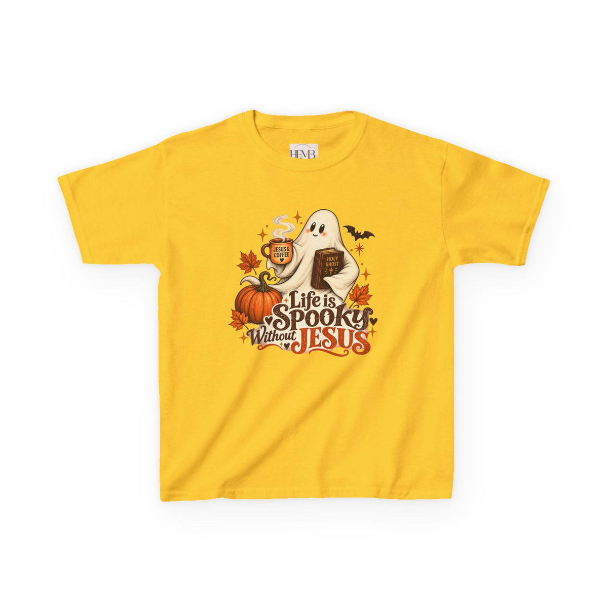Kids Halloween Tee — “Life Is Spooky Without Jesus” Ghost Pumpkin Christian Shirt