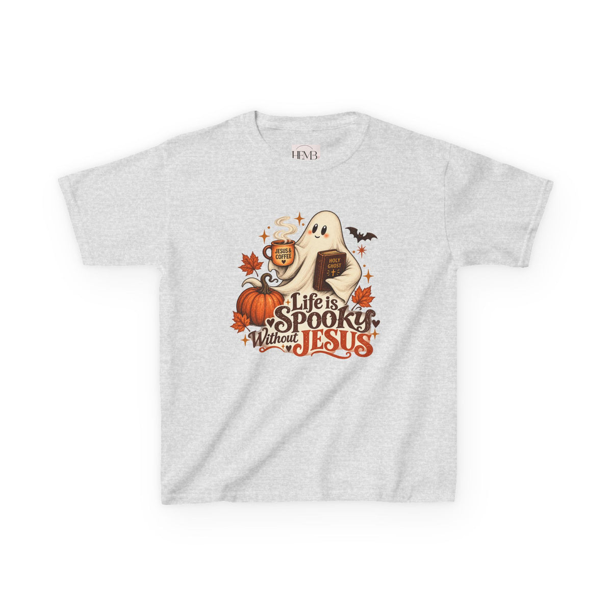 Kids Halloween Tee — “Life Is Spooky Without Jesus” Ghost Pumpkin Christian Shirt