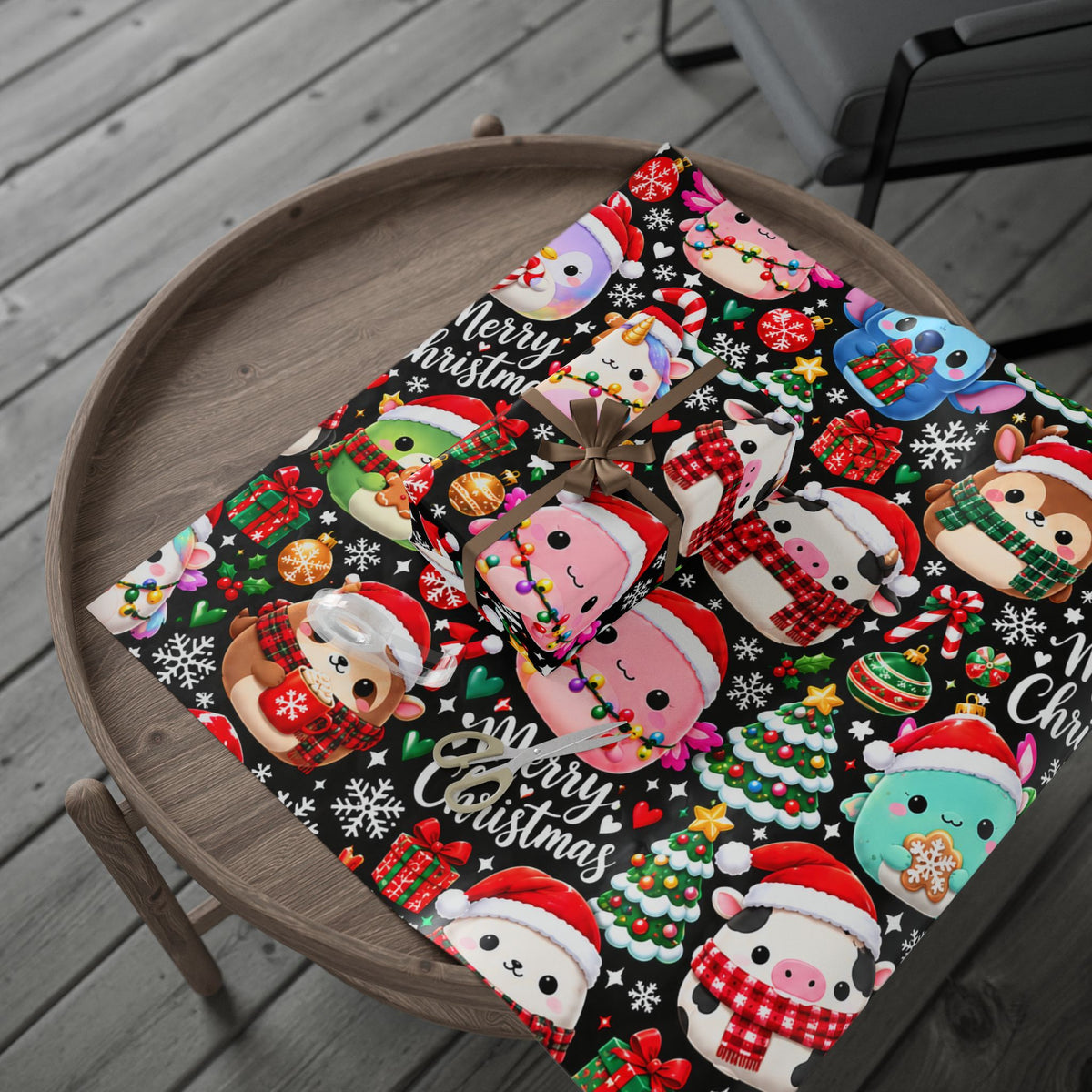 Cute Kawaii Christmas Wrapping Paper – 'Merry Christmas' Holiday Gift Wrap with Festive Animals and Snowflakes