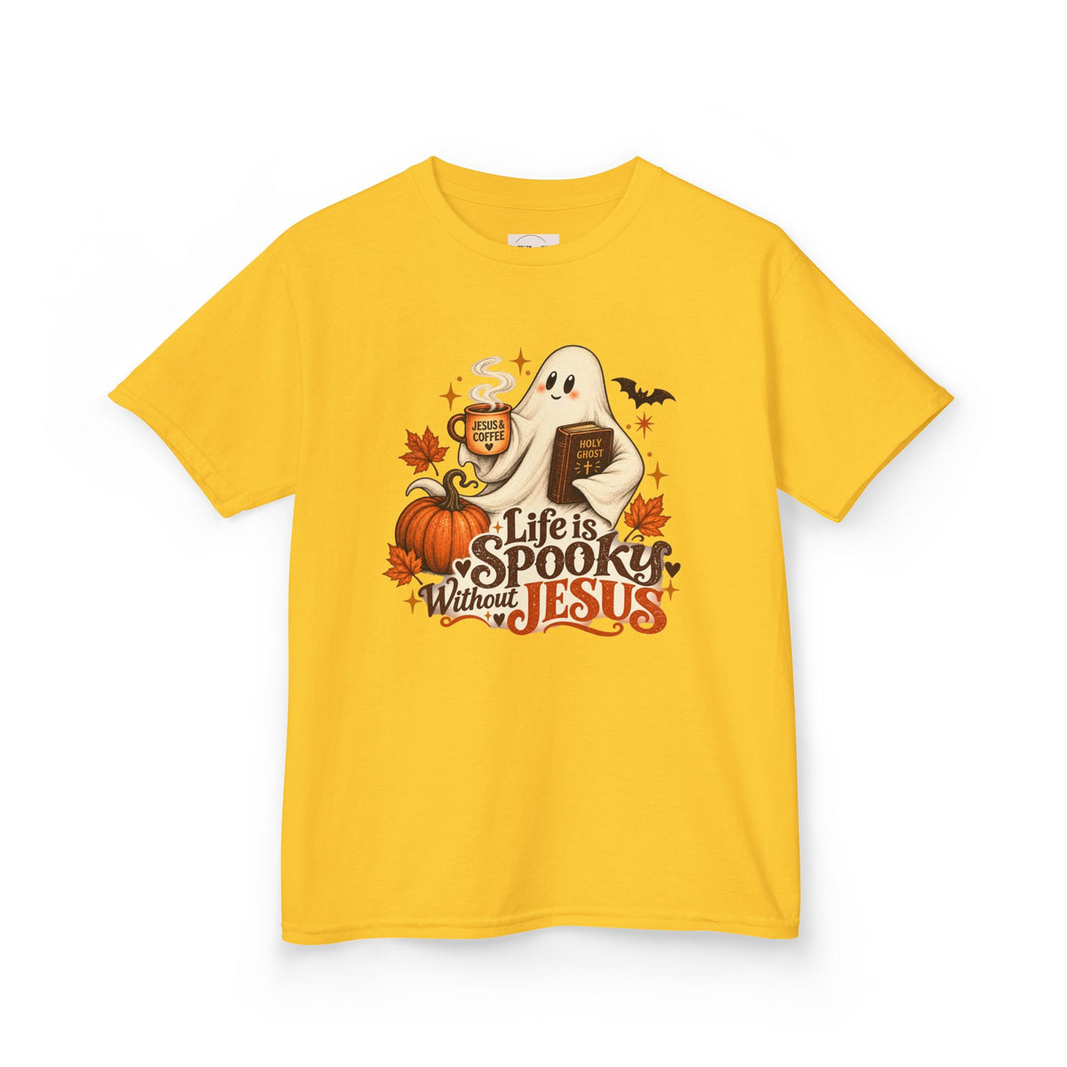 Kids Halloween Tee — “Life Is Spooky Without Jesus” Ghost Pumpkin Christian Shirt