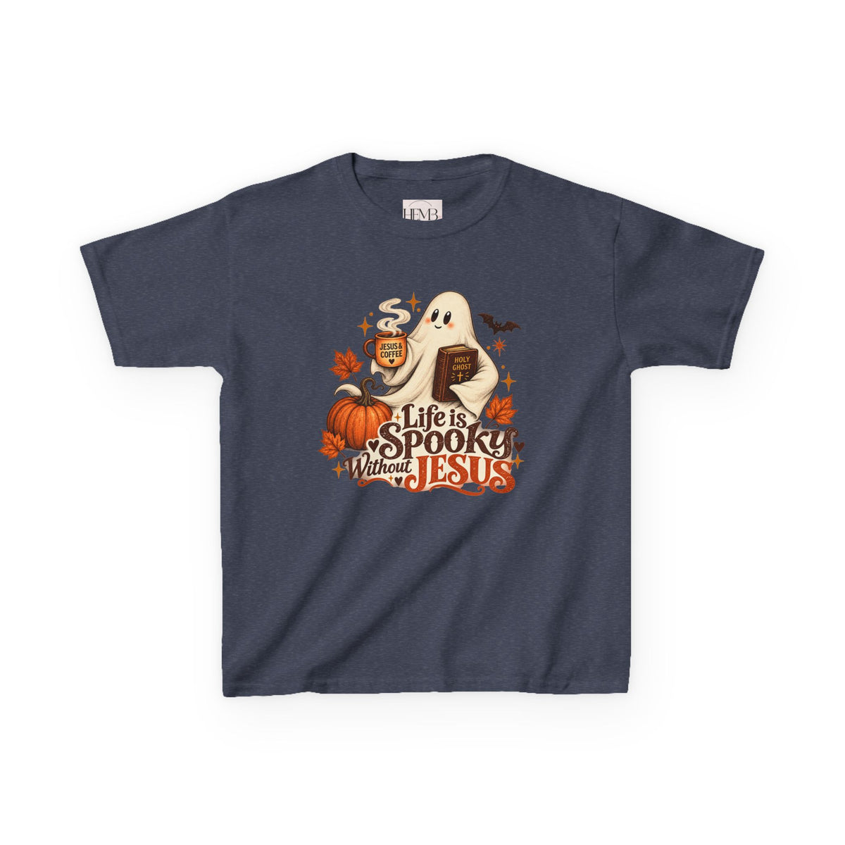Kids Halloween Tee — “Life Is Spooky Without Jesus” Ghost Pumpkin Christian Shirt