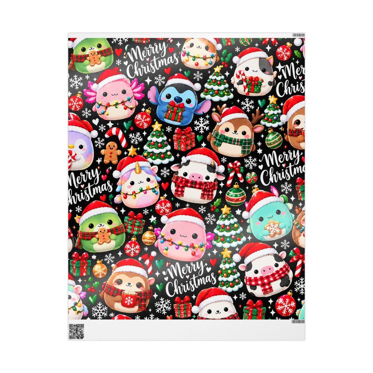 Cute Kawaii Christmas Wrapping Paper – 'Merry Christmas' Holiday Gift Wrap with Festive Animals and Snowflakes
