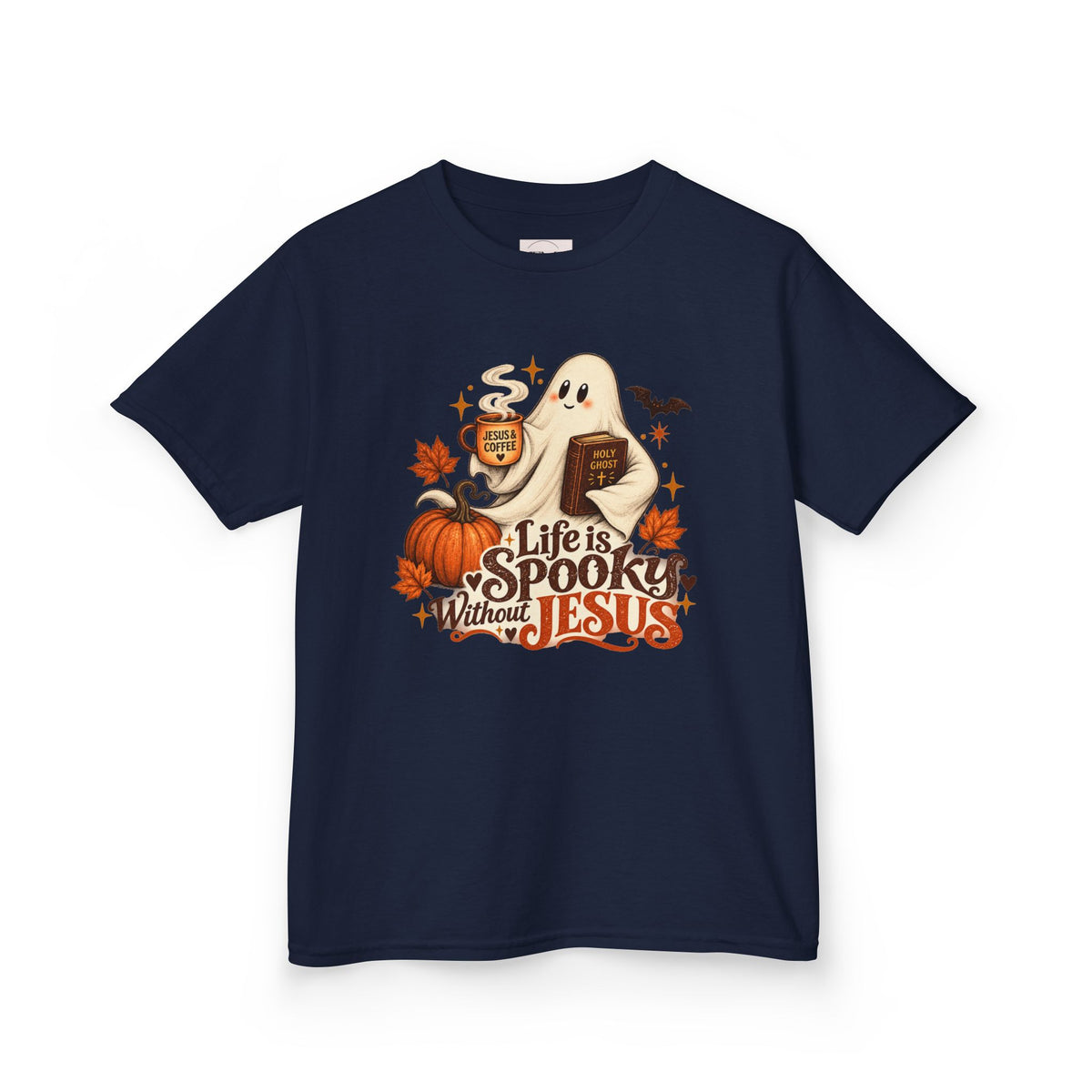 Kids Halloween Tee — “Life Is Spooky Without Jesus” Ghost Pumpkin Christian Shirt