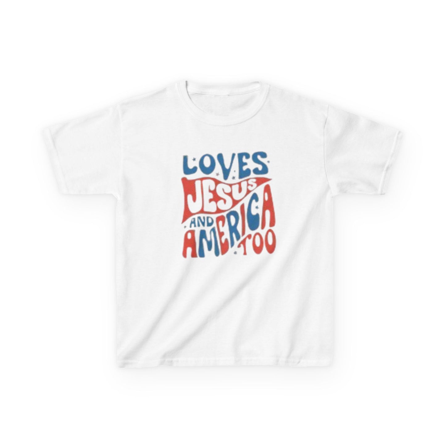 Kids Tee — "Loves Jesus and America Too" Patriotic Christian Youth Shirt