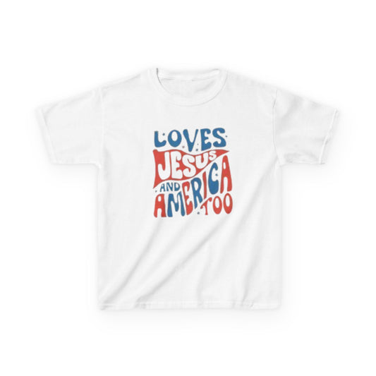 Kids Tee — "Loves Jesus and America Too" Patriotic Christian Youth Shirt