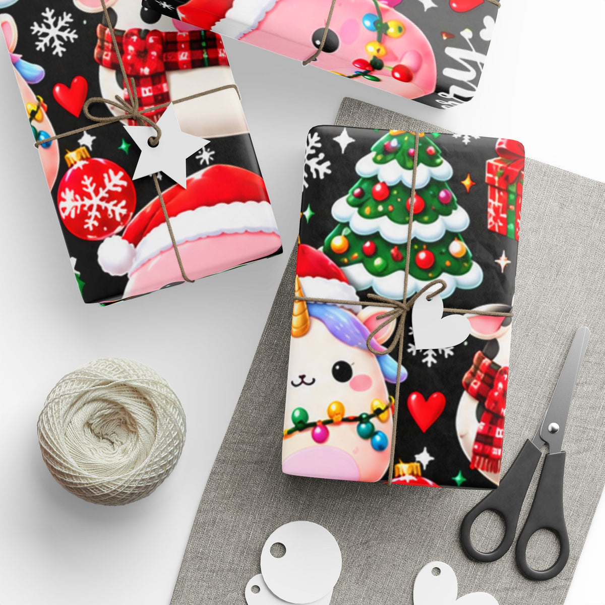 Cute Kawaii Christmas Wrapping Paper – 'Merry Christmas' Holiday Gift Wrap with Festive Animals and Snowflakes