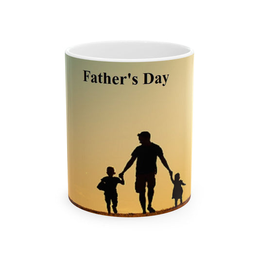 Father's Day Ceramic Mug — Silhouette Dad with Kids Sunset Coffee Cup (11oz, 15oz)