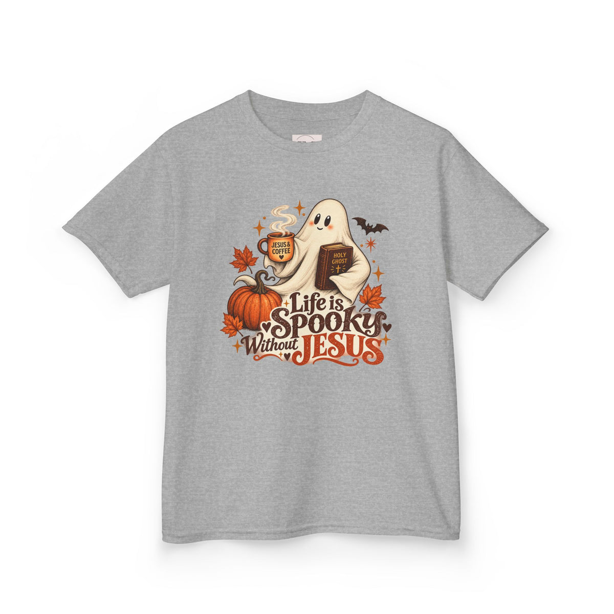 Kids Halloween Tee — “Life Is Spooky Without Jesus” Ghost Pumpkin Christian Shirt