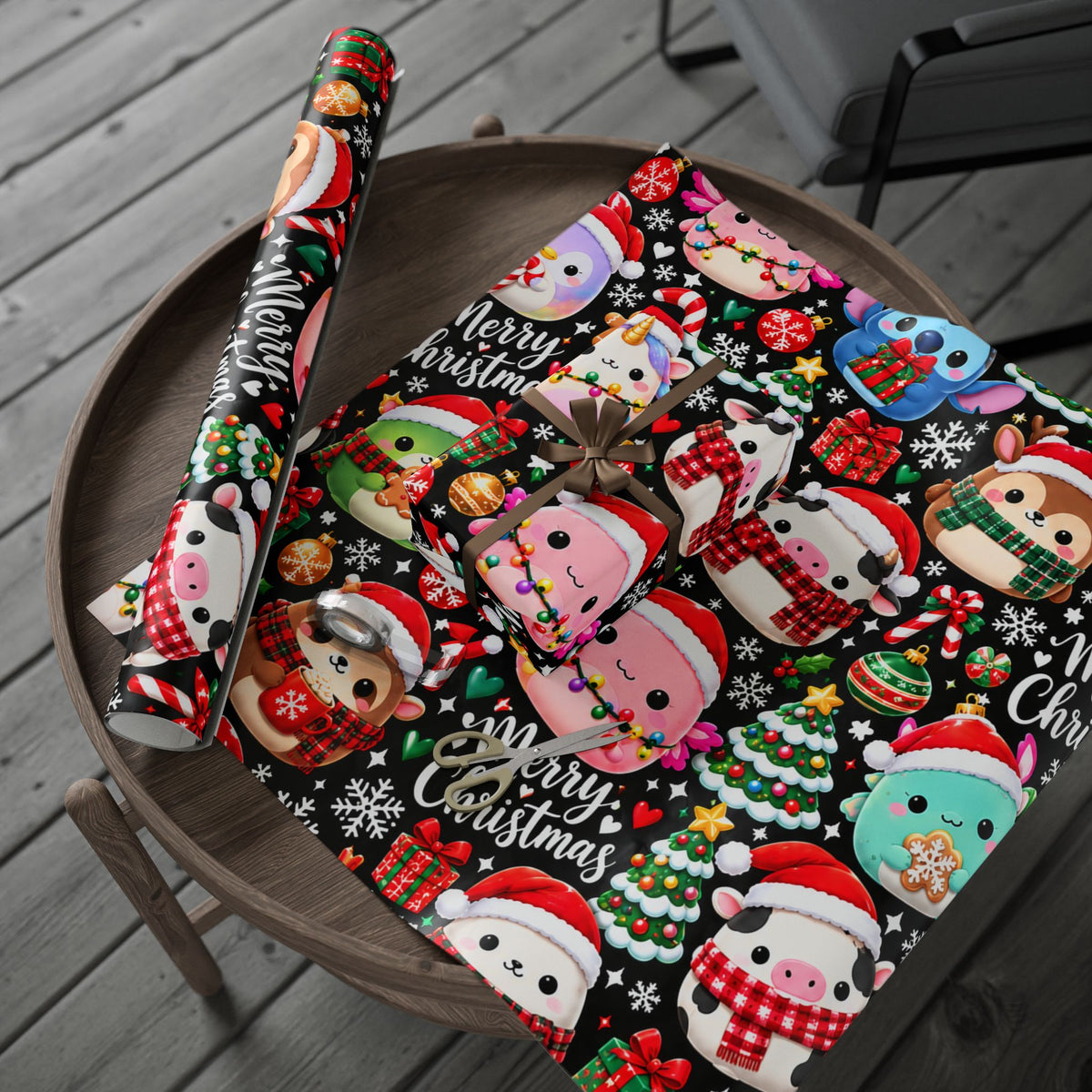 Cute Kawaii Christmas Wrapping Paper – 'Merry Christmas' Holiday Gift Wrap with Festive Animals and Snowflakes