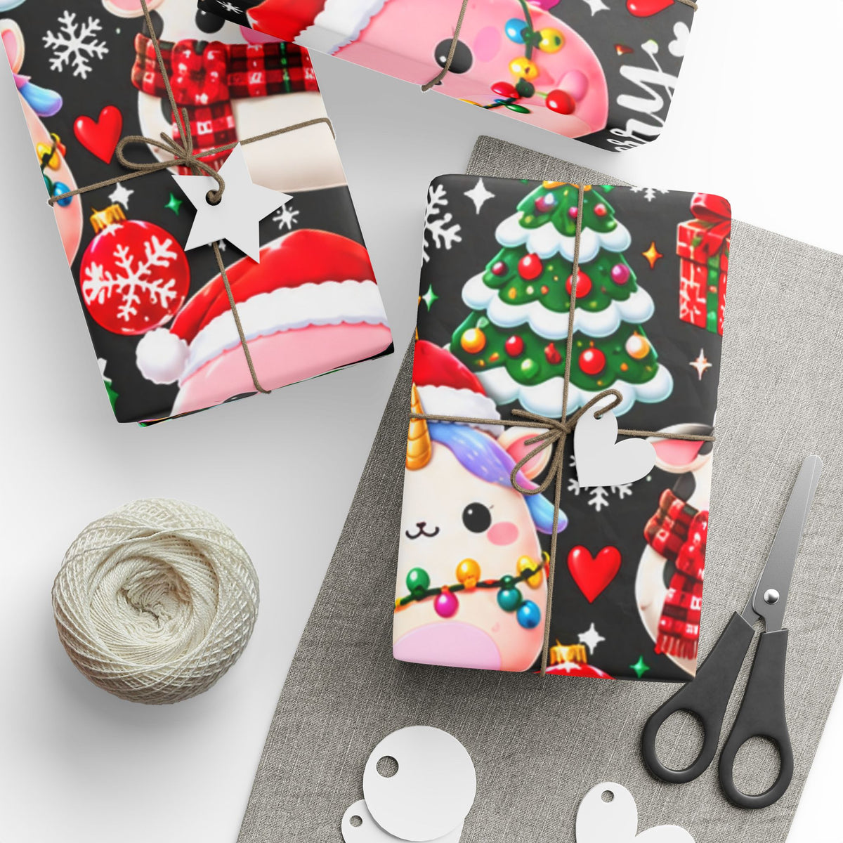 Cute Kawaii Christmas Wrapping Paper – 'Merry Christmas' Holiday Gift Wrap with Festive Animals and Snowflakes
