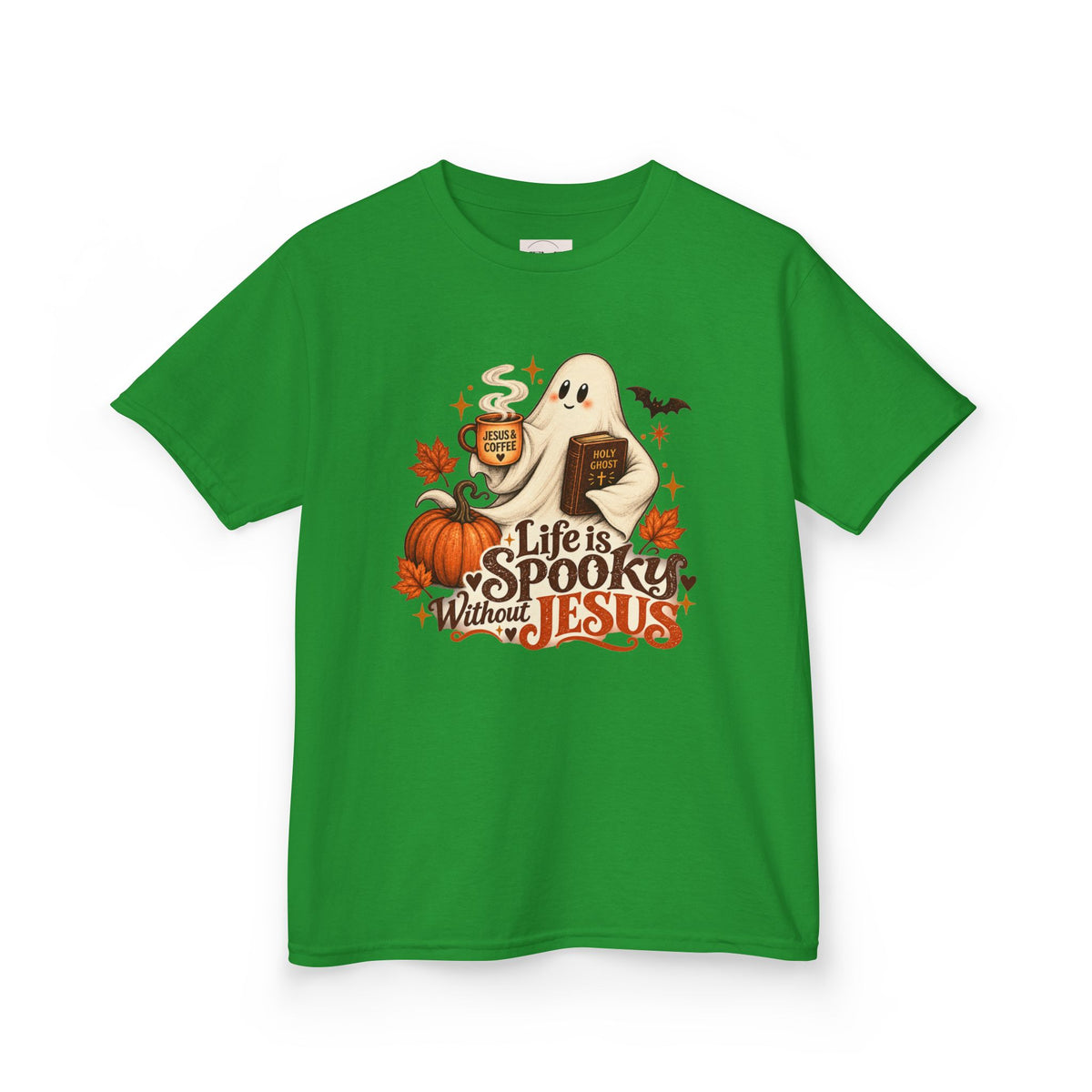 Kids Halloween Tee — “Life Is Spooky Without Jesus” Ghost Pumpkin Christian Shirt