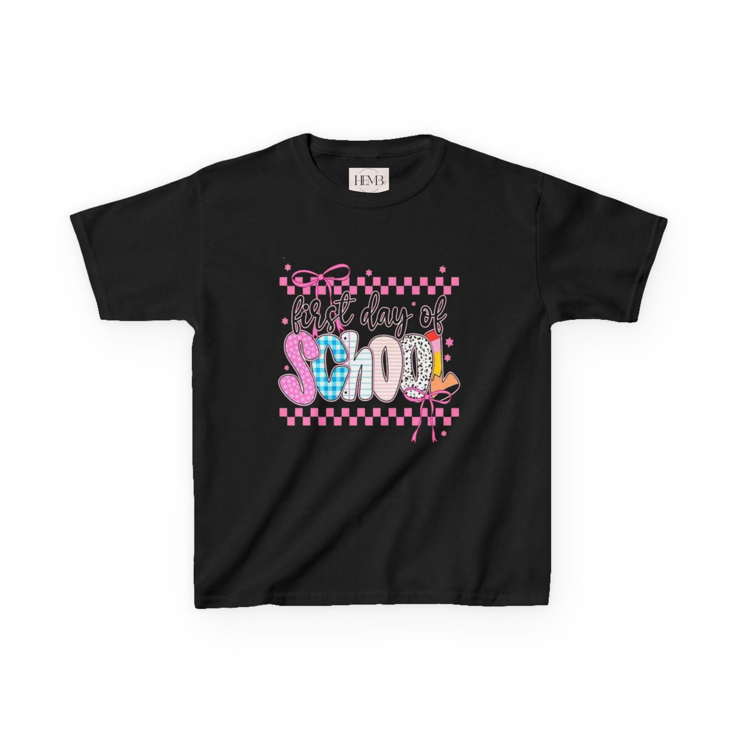 Kids Tee — "First Day of School" Colorful Chalkboard Design