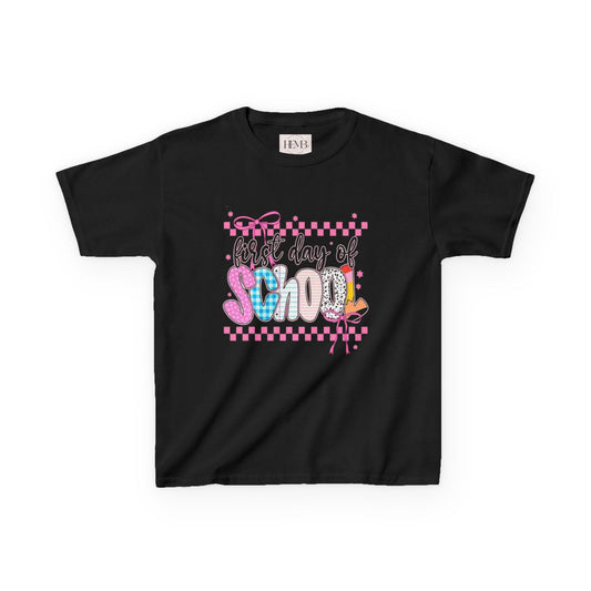 Kids Tee — "First Day of School" Colorful Chalkboard Design