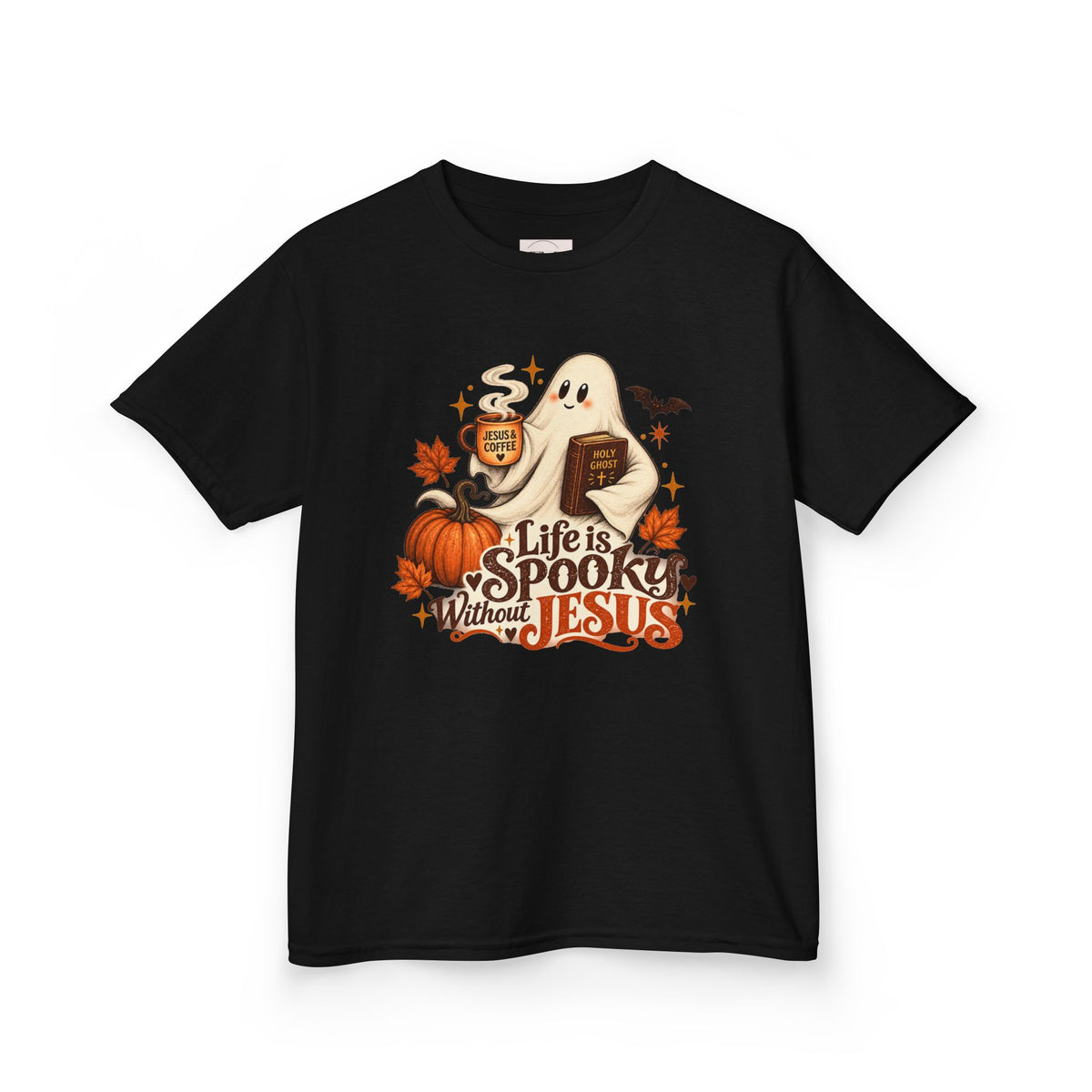 Kids Halloween Tee — “Life Is Spooky Without Jesus” Ghost Pumpkin Christian Shirt
