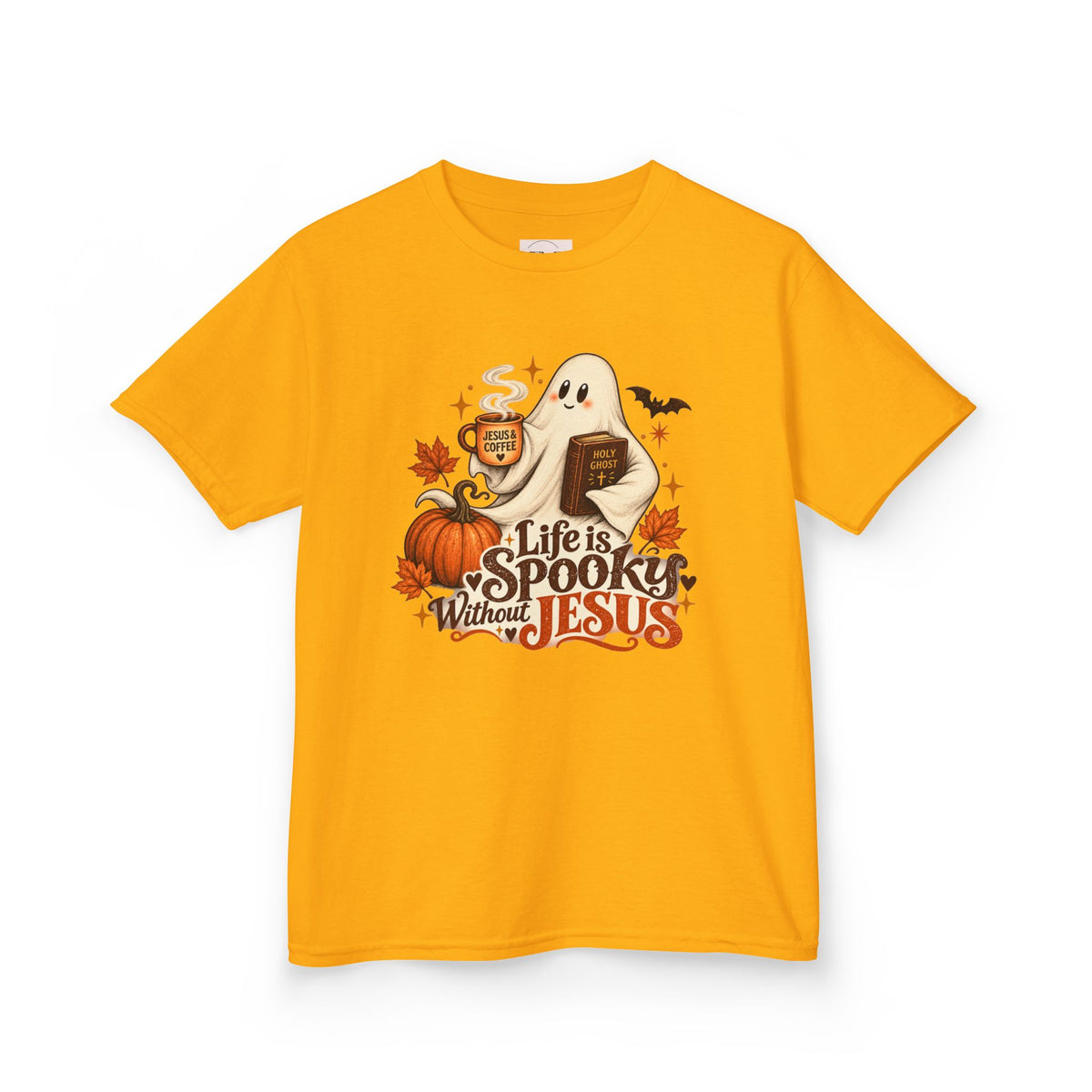 Kids Halloween Tee — “Life Is Spooky Without Jesus” Ghost Pumpkin Christian Shirt