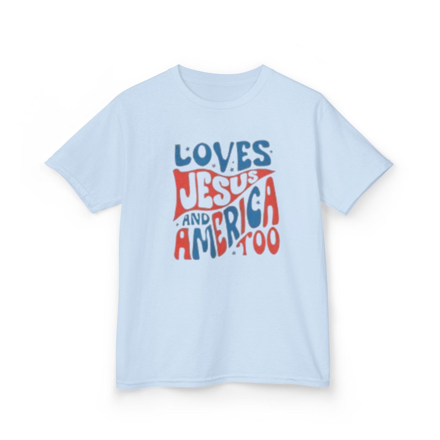 Kids Tee — "Loves Jesus and America Too" Patriotic Christian Youth Shirt
