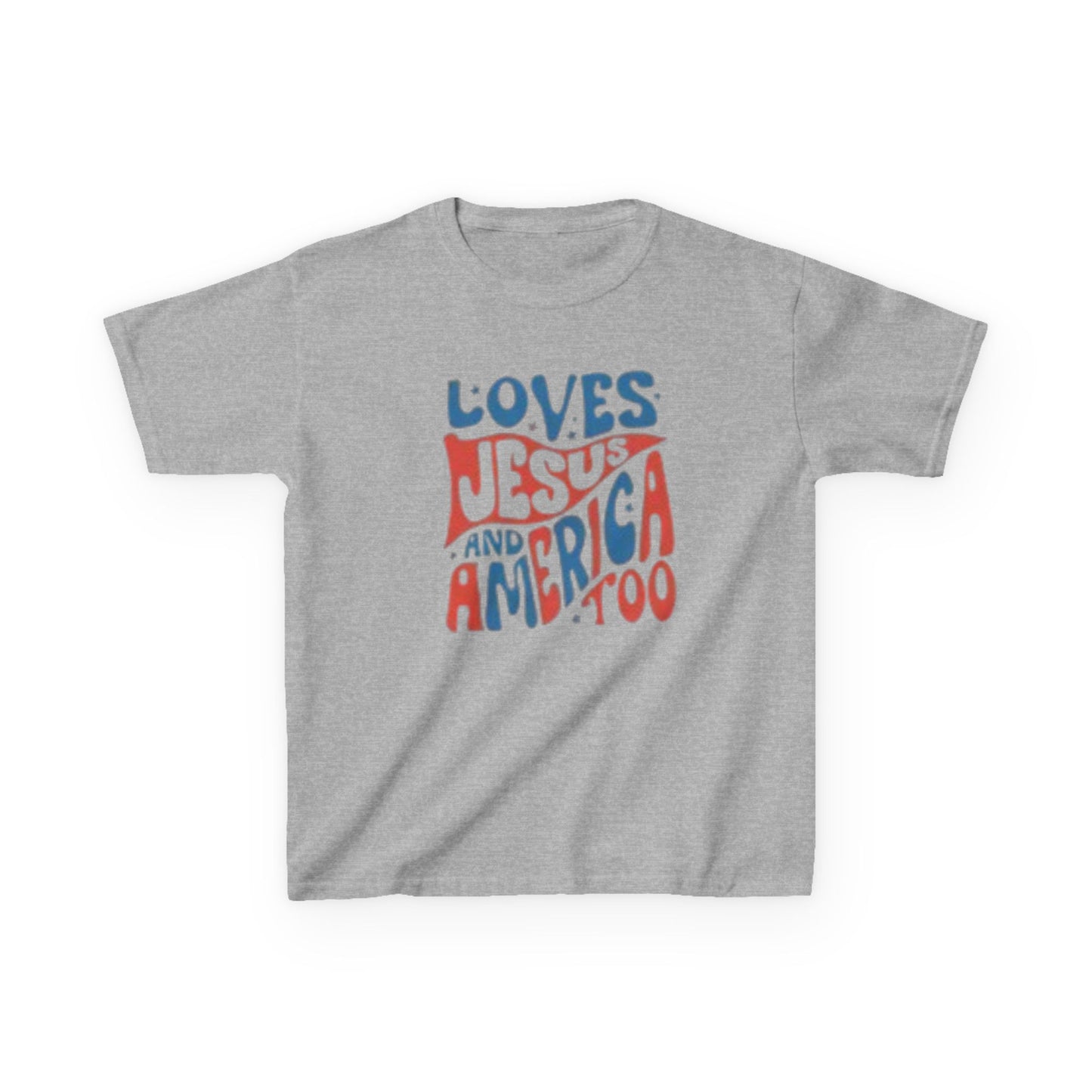 Kids Tee — "Loves Jesus and America Too" Patriotic Christian Youth Shirt