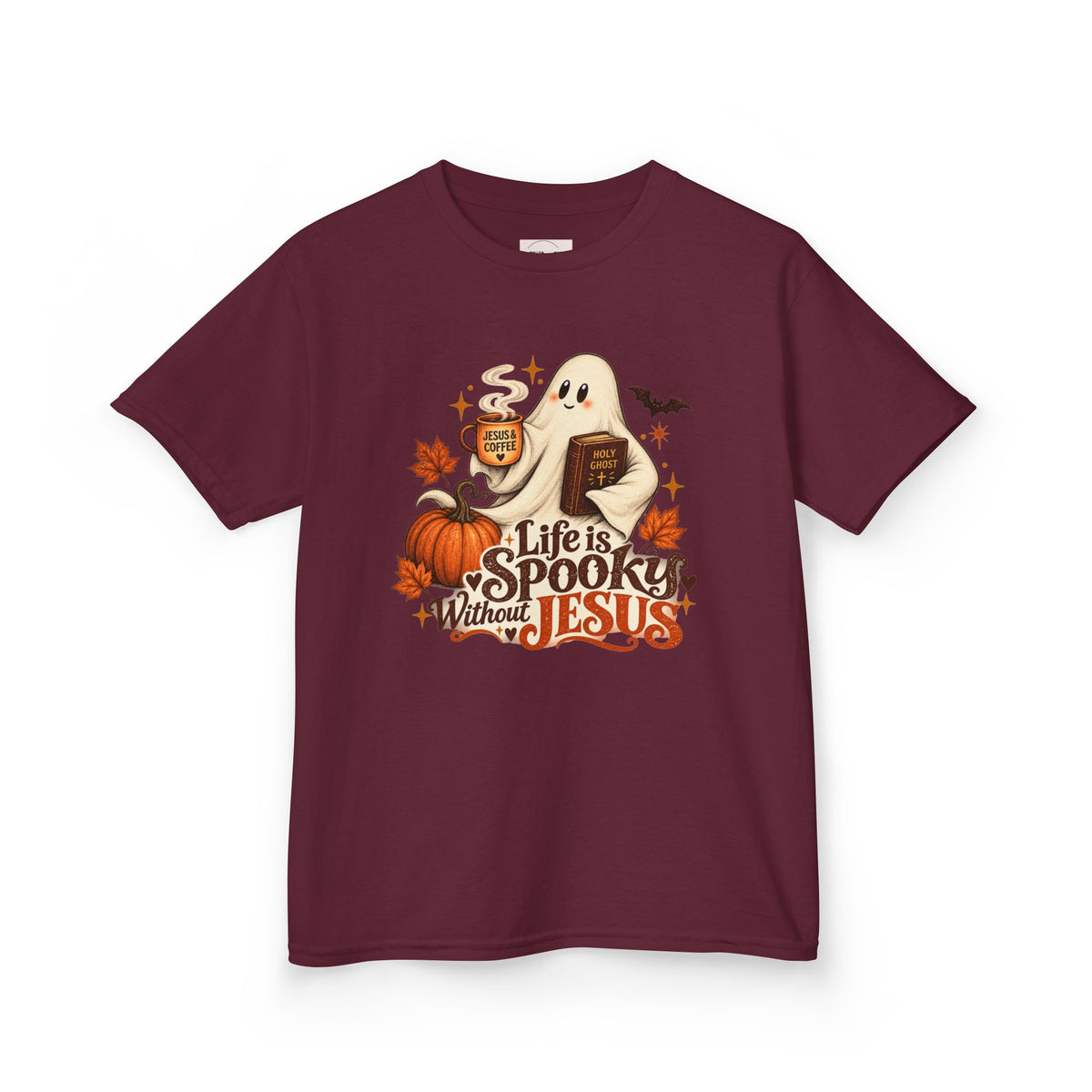 Kids Halloween Tee — “Life Is Spooky Without Jesus” Ghost Pumpkin Christian Shirt