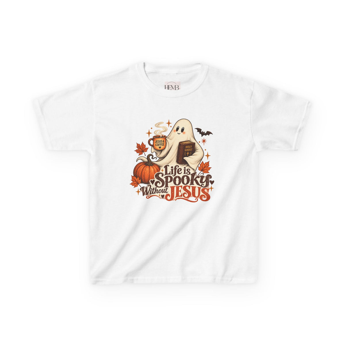 Kids Halloween Tee — “Life Is Spooky Without Jesus” Ghost Pumpkin Christian Shirt