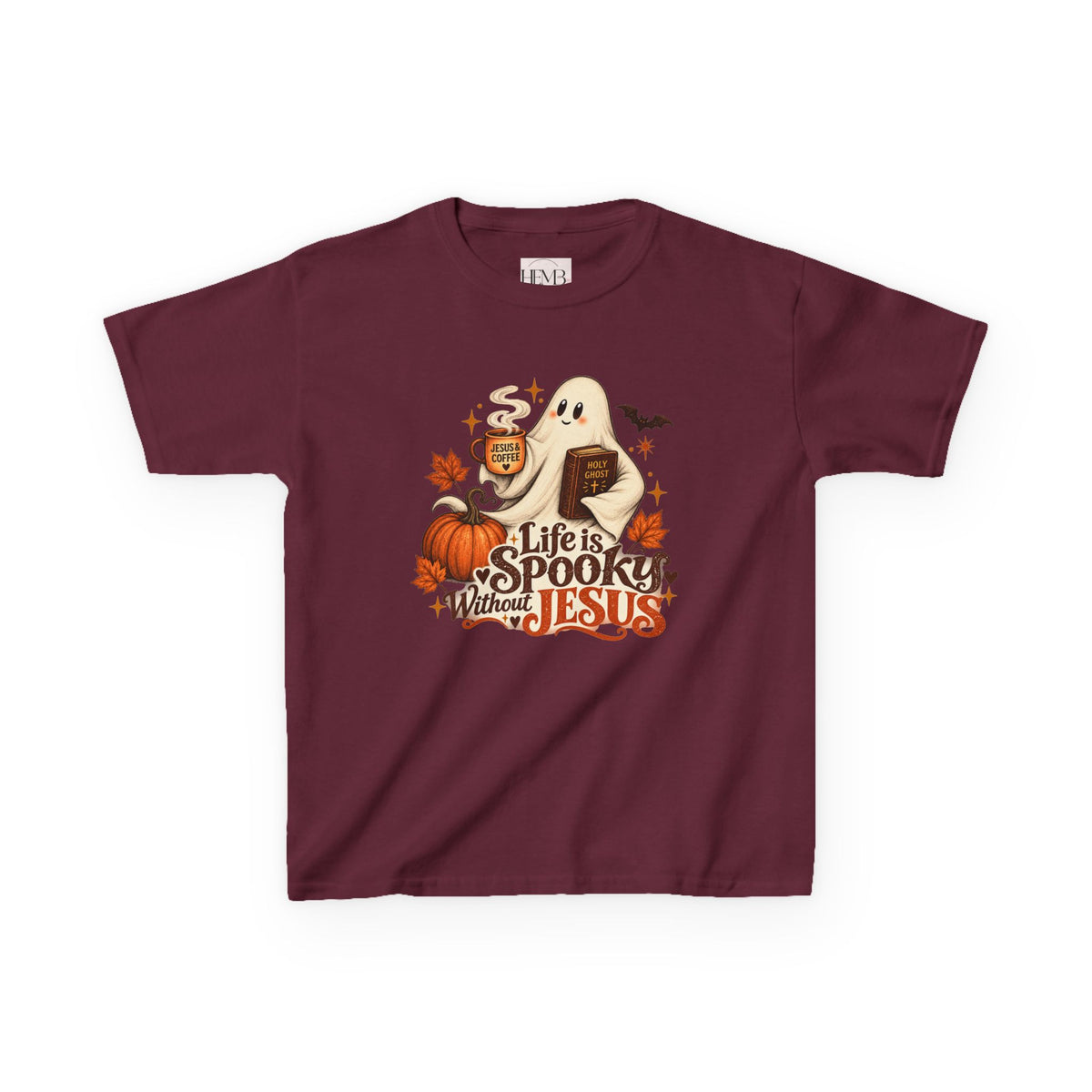 Kids Halloween Tee — “Life Is Spooky Without Jesus” Ghost Pumpkin Christian Shirt