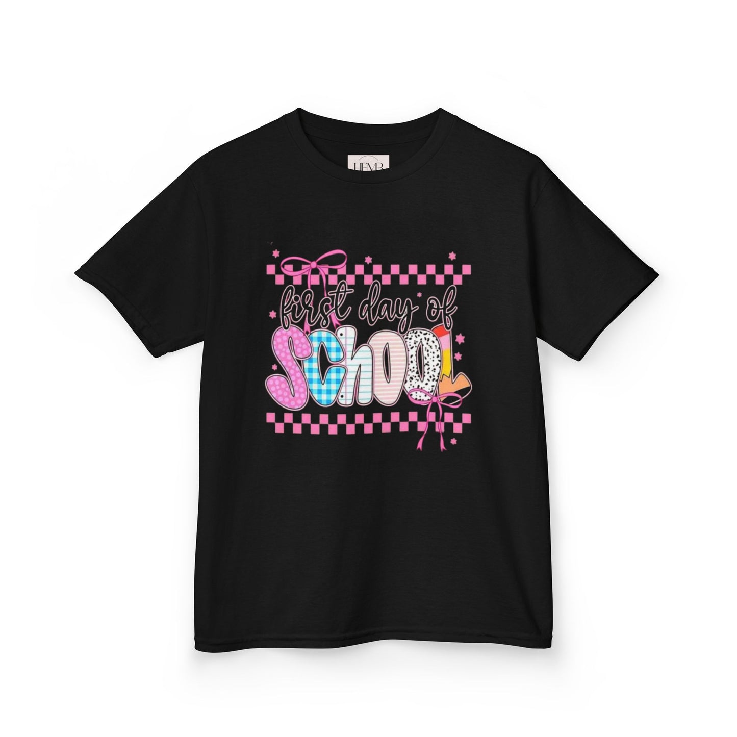 Kids Tee — "First Day of School" Colorful Chalkboard Design