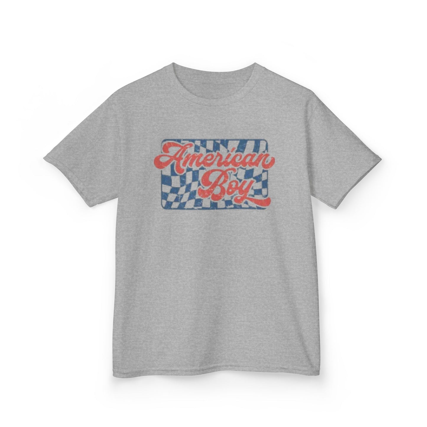 Kids T-Shirt - "American Boy" Retro Checkered Patriotic Tee for Boys (4th of July)