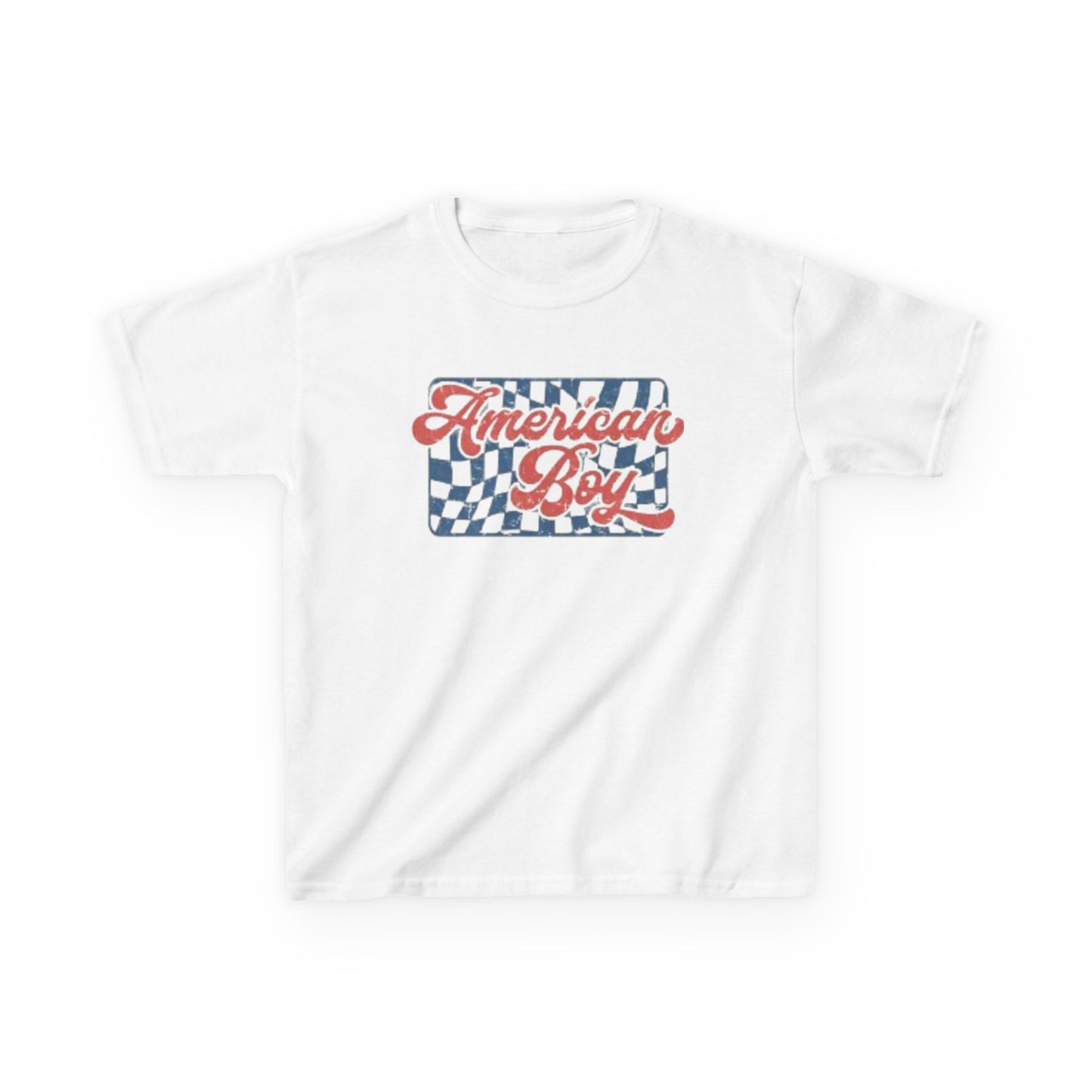 Kids T-Shirt - "American Boy" Retro Checkered Patriotic Tee for Boys (4th of July)