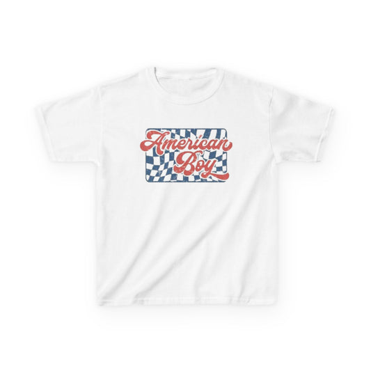 Kids T-Shirt - "American Boy" Retro Checkered Patriotic Tee for Boys (4th of July)
