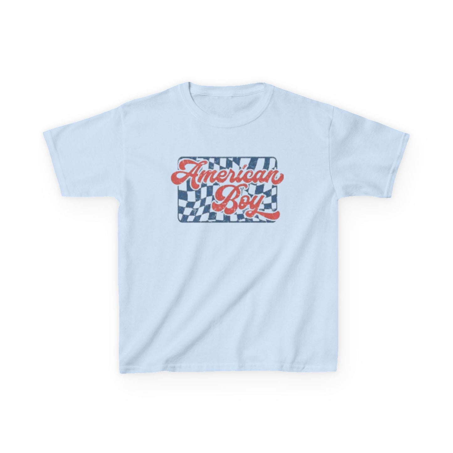 Kids T-Shirt - "American Boy" Retro Checkered Patriotic Tee for Boys (4th of July)