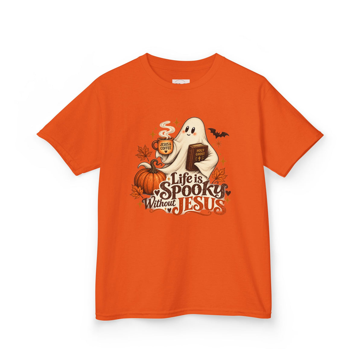 Kids Halloween Tee — “Life Is Spooky Without Jesus” Ghost Pumpkin Christian Shirt