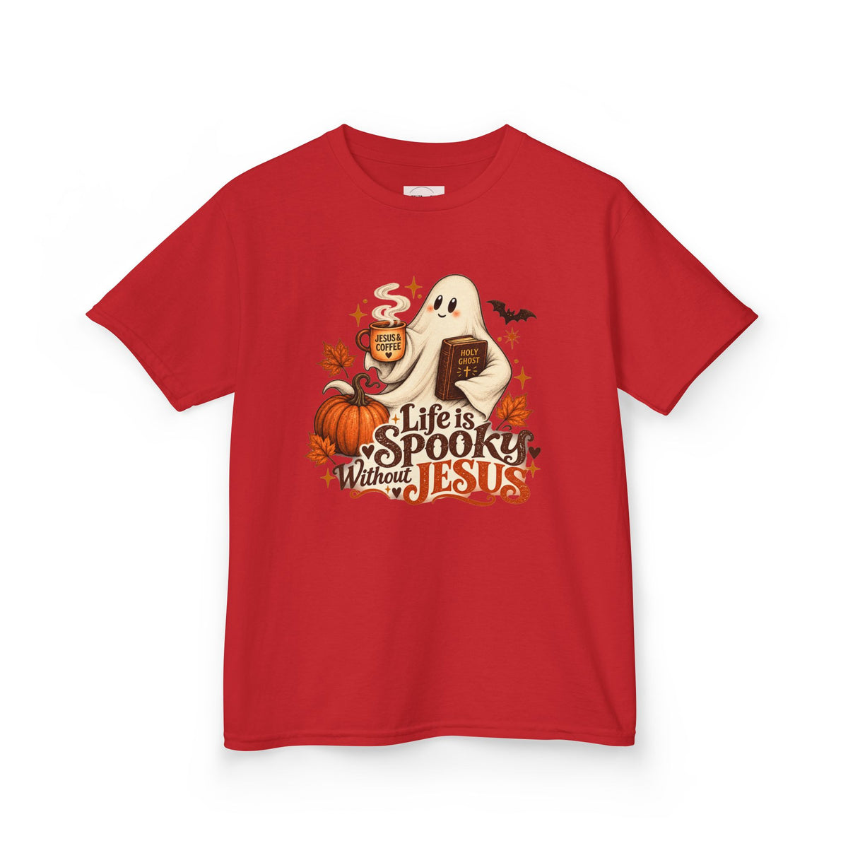 Kids Halloween Tee — “Life Is Spooky Without Jesus” Ghost Pumpkin Christian Shirt