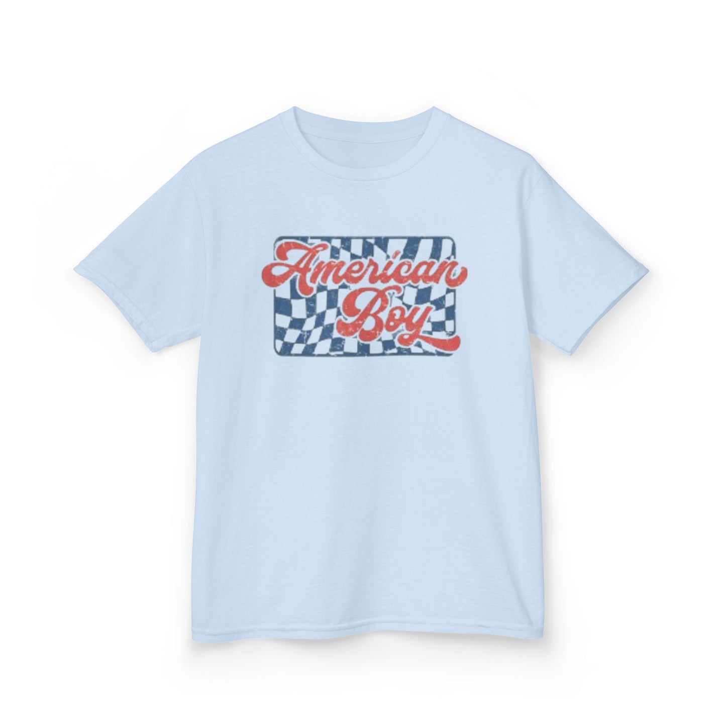 Kids T-Shirt - "American Boy" Retro Checkered Patriotic Tee for Boys (4th of July)