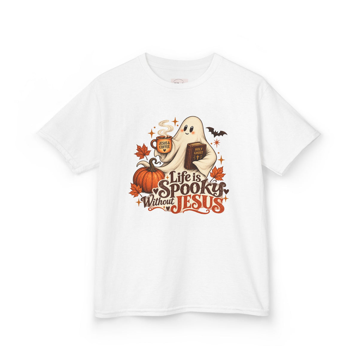 Kids Halloween Tee — “Life Is Spooky Without Jesus” Ghost Pumpkin Christian Shirt
