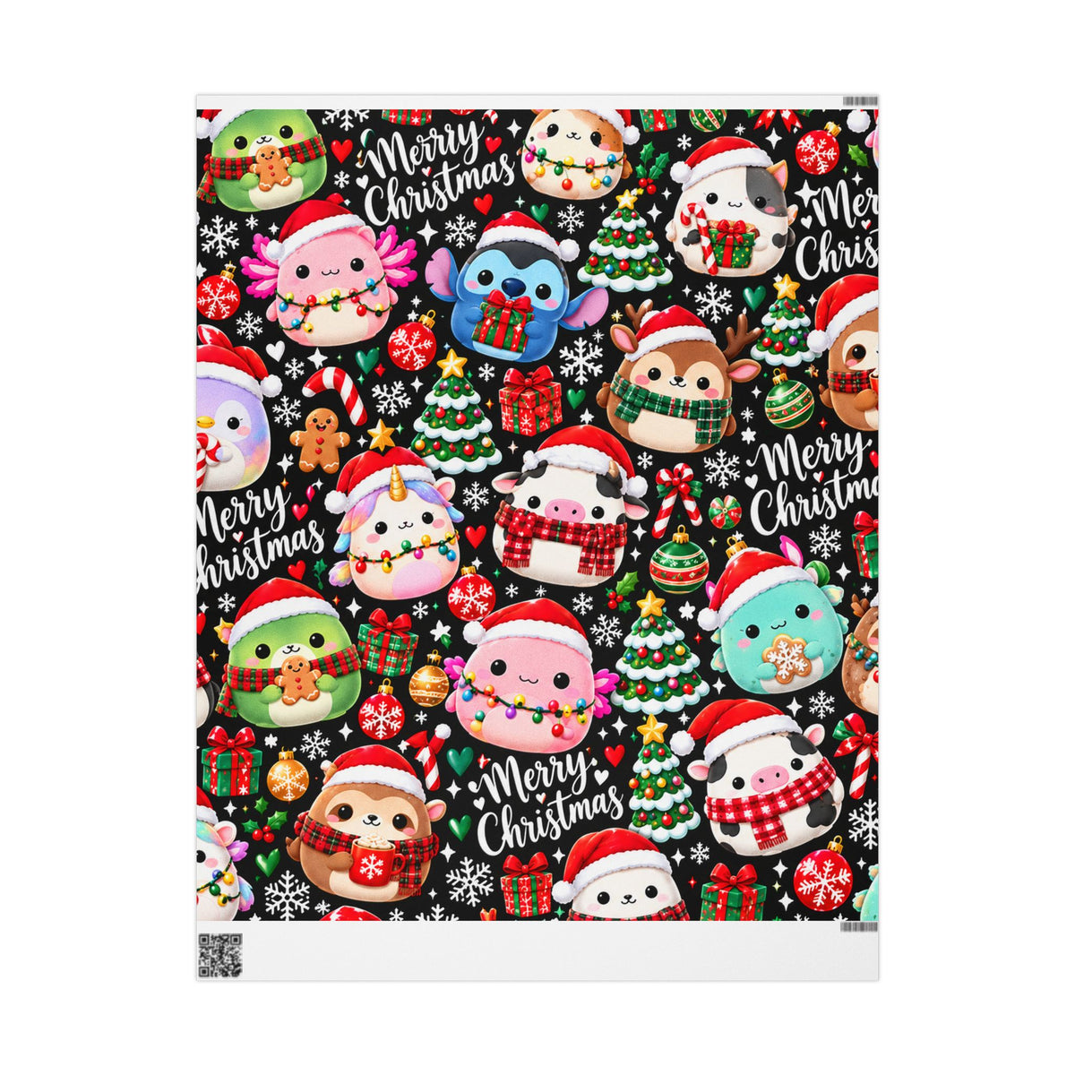 Cute Kawaii Christmas Wrapping Paper – 'Merry Christmas' Holiday Gift Wrap with Festive Animals and Snowflakes