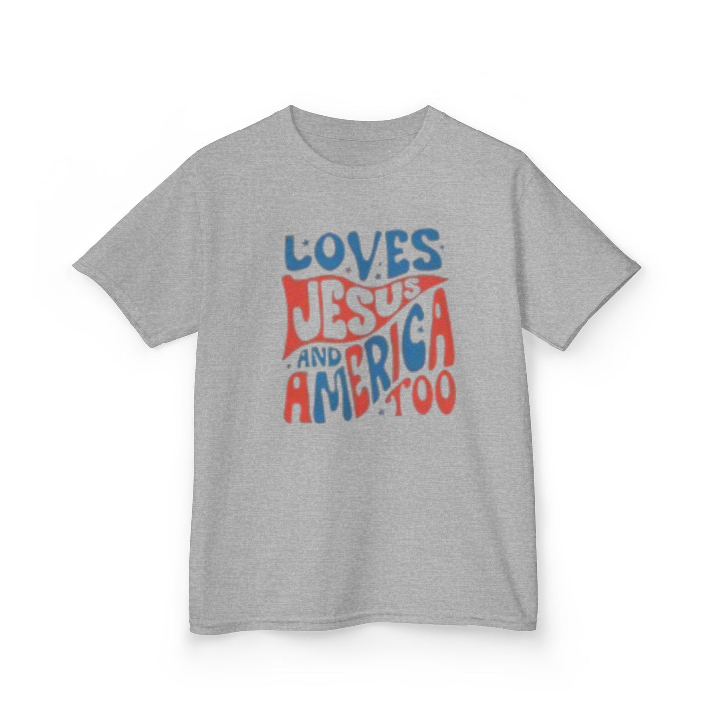 Kids Tee — "Loves Jesus and America Too" Patriotic Christian Youth Shirt