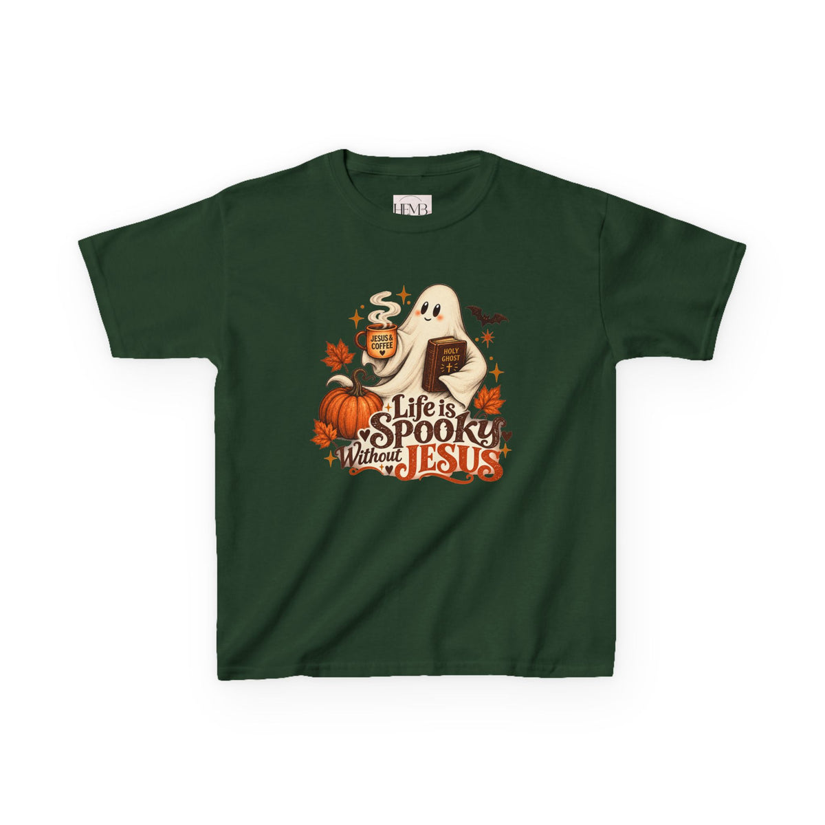 Kids Halloween Tee — “Life Is Spooky Without Jesus” Ghost Pumpkin Christian Shirt